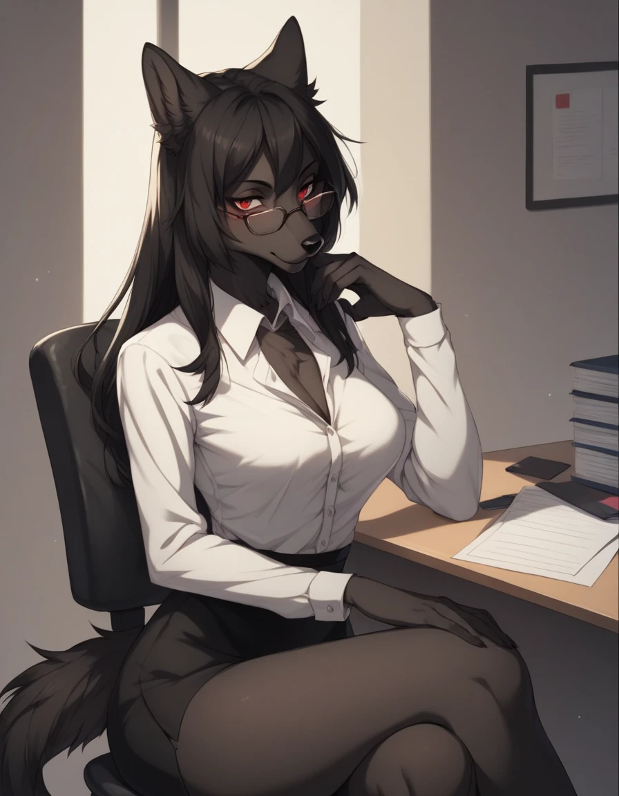 score_9,score_8_up,score_7_up, source_cartoon, kemono style, Natasha, an anthro furry wolf girl, long black hair, straight hair, red eyes, cute snout, black nose, all dark grey furry body, tall, medium breasts, wearing elegant black glasses,  white shirt, black short skirt, indoors, sitting on an office chair, indoors, her legs are crossed,  sultry expression, leaning on a desk, seductive pose, upper body shot, portrait