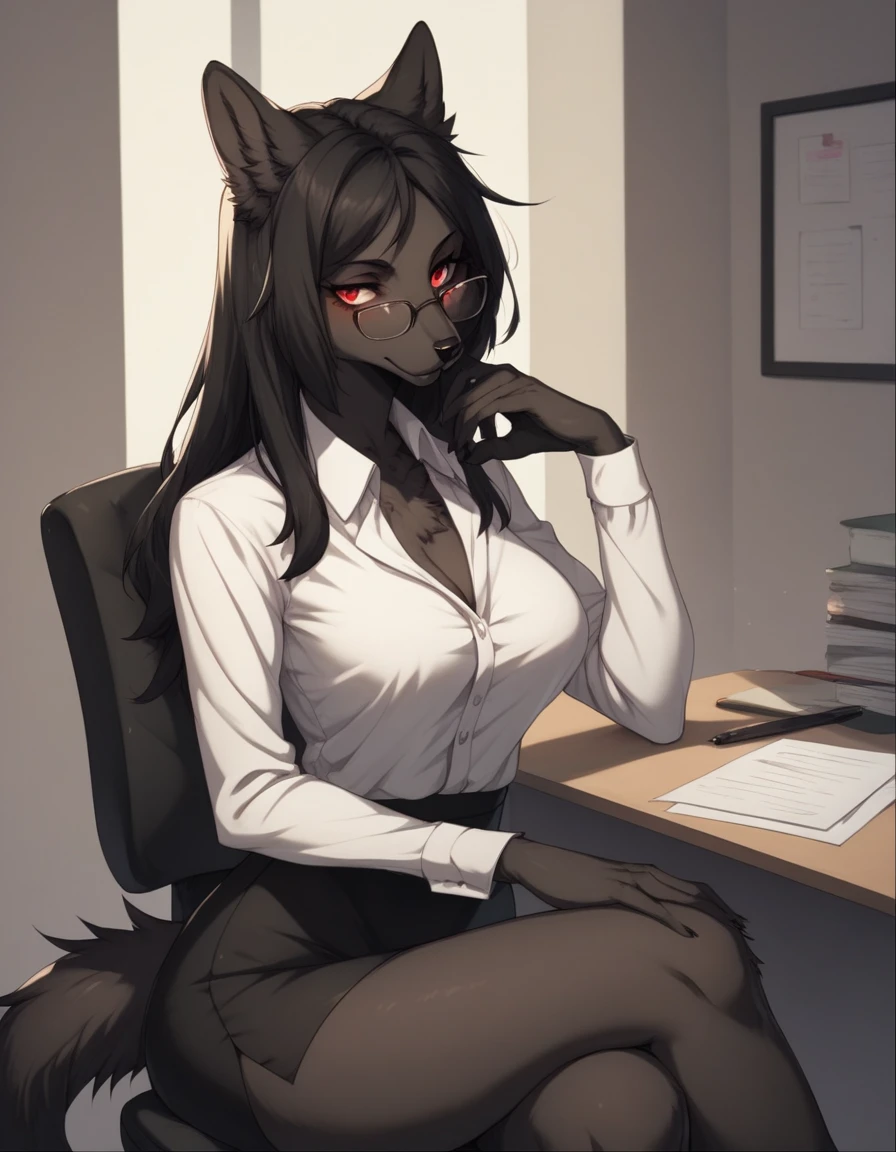 score_9,score_8_up,score_7_up, source_cartoon, kemono style, Natasha, an anthro furry wolf girl, long black hair, straight hair, red eyes, cute snout, black nose, all dark grey furry body, tall, medium breasts, wearing elegant black glasses,  white shirt, black short skirt, indoors, sitting on an office chair, indoors, her legs are crossed,  sultry expression, leaning on a desk, seductive pose, upper body shot, portrait