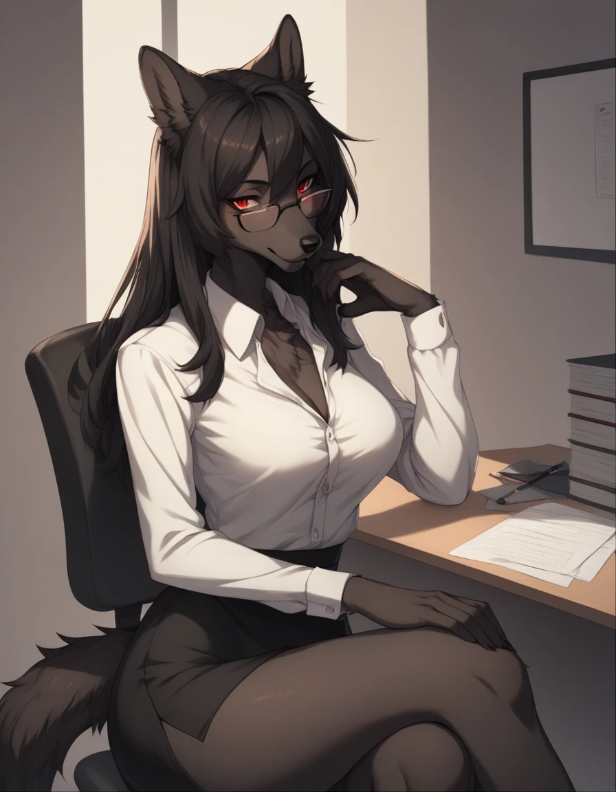 score_9,score_8_up,score_7_up, source_cartoon, kemono style, Natasha, an anthro furry wolf girl, long black hair, straight hair, red eyes, cute snout, black nose, all dark grey furry body, tall, medium breasts, wearing elegant black glasses,  white shirt, black short skirt, indoors, sitting on an office chair, indoors, her legs are crossed,  sultry expression, leaning on a desk, seductive pose, upper body shot, portrait