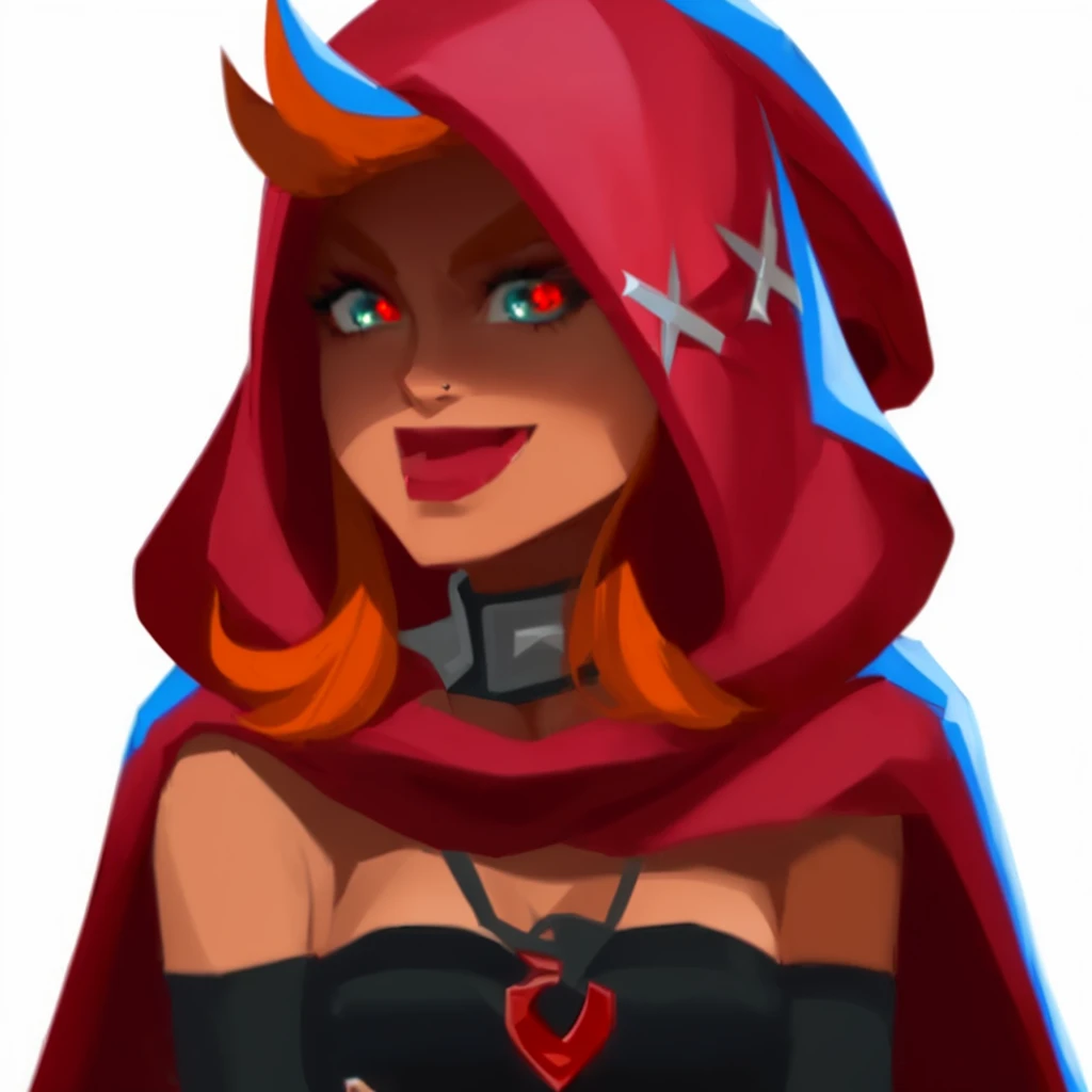 a close up of a cartoon character with a red cape, red hooded mage, thief red riding hood, evil sorceress witch, supervillain sorceress witch, epic mage girl character, evil sorceress, red hoods, dark witch character, sorceress woman, hood and cape, dark fox mage, long torn red cape, red cape
