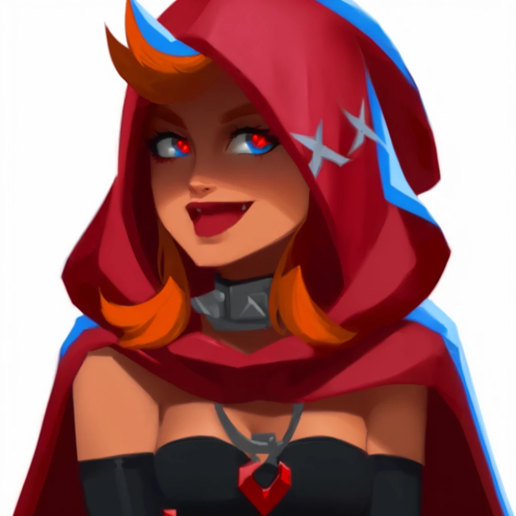 a close up of a cartoon character with a red cape, red hooded mage, thief red riding hood, evil sorceress witch, supervillain sorceress witch, epic mage girl character, evil sorceress, red hoods, dark witch character, sorceress woman, hood and cape, dark fox mage, long torn red cape, red cape