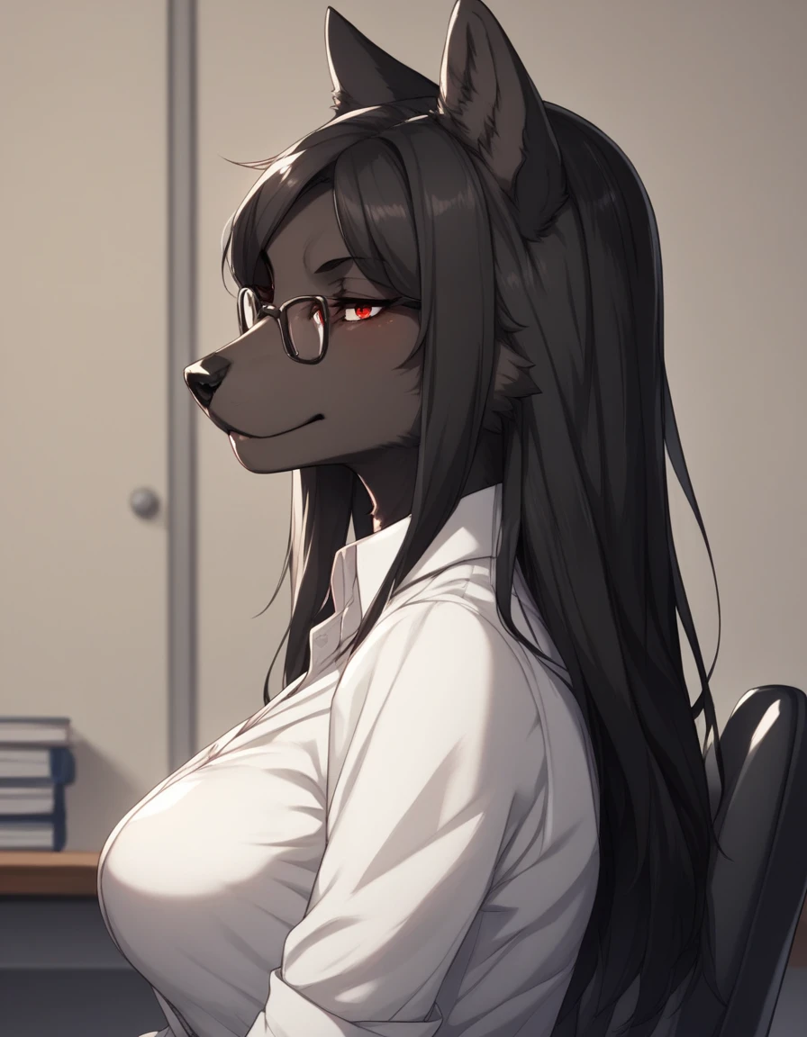 score_9,score_8_up,score_7_up, source_cartoon, kemono style, Natasha, an anthro furry wolf girl, long black hair, straight hair, red eyes, cute snout, black nose, all dark grey furry body, tall, medium breasts, wearing elegant black glasses,  white shirt, black short skirt, indoors, sitting on an office chair, indoors, her legs are crossed,  sultry expression, leaning on a desk, seductive pose, upper body shot, portrait, side view 