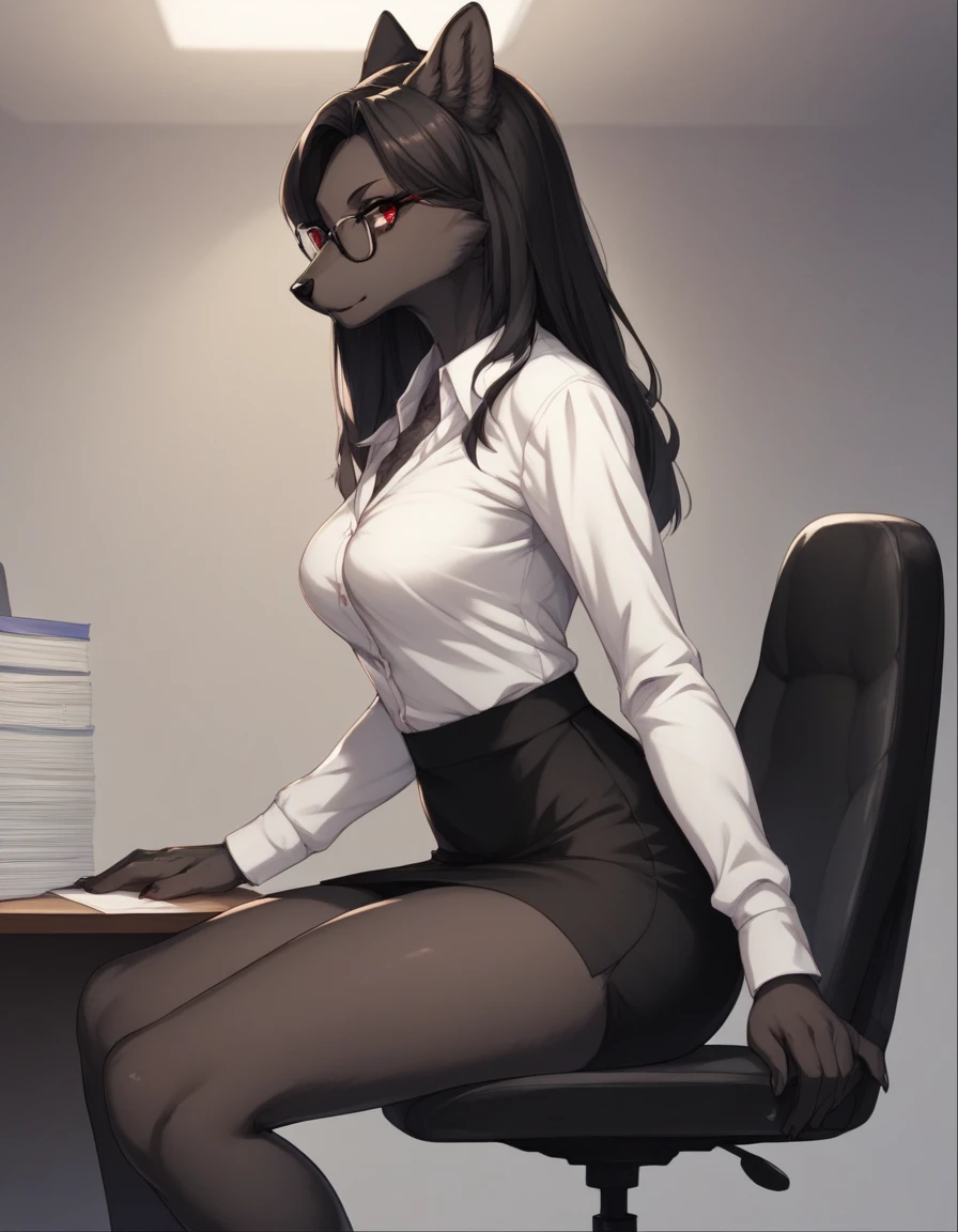 score_9,score_8_up,score_7_up, source_cartoon, kemono style, Natasha, an anthro furry wolf girl, long black hair, straight hair, red eyes, cute snout, black nose, all dark grey furry body, tall, medium breasts, wearing elegant black glasses, white shirt, black short skirt, indoors, sitting on an office chair, indoors, her legs are crossed, sultry expression, leaning on a desk, seductive pose, upper body shot, portrait, side view
