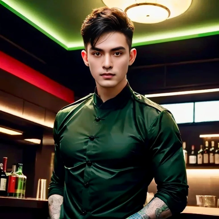arafed man in a Green Shirt standing in a bar, In a dark green polo shirt., Green Shirt, Elegant dark green clothes, in the style of sifu :2, smooth hair, Handsome Chad Chin, Green Bomber Jacket, Rafael Pernaz, wearing a green suit, Chai Sukun, Wear a dark green bomber jacket.