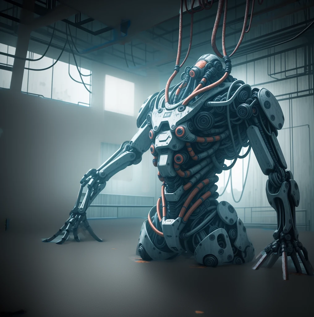 I giant humanoid robot torso, only top half of body, torso attached to a platform on the floor, long mechanical arms, slender robot fingers, rusting, disheveled, wires falling off, robot is falling apart, in the center of a giant chamber, placed above a pool of glowing blue liquid, menacing, intimidating, wires hanging from the robot, body is heavily damaged, covered in rust and dust, attached to a large platform on the floor