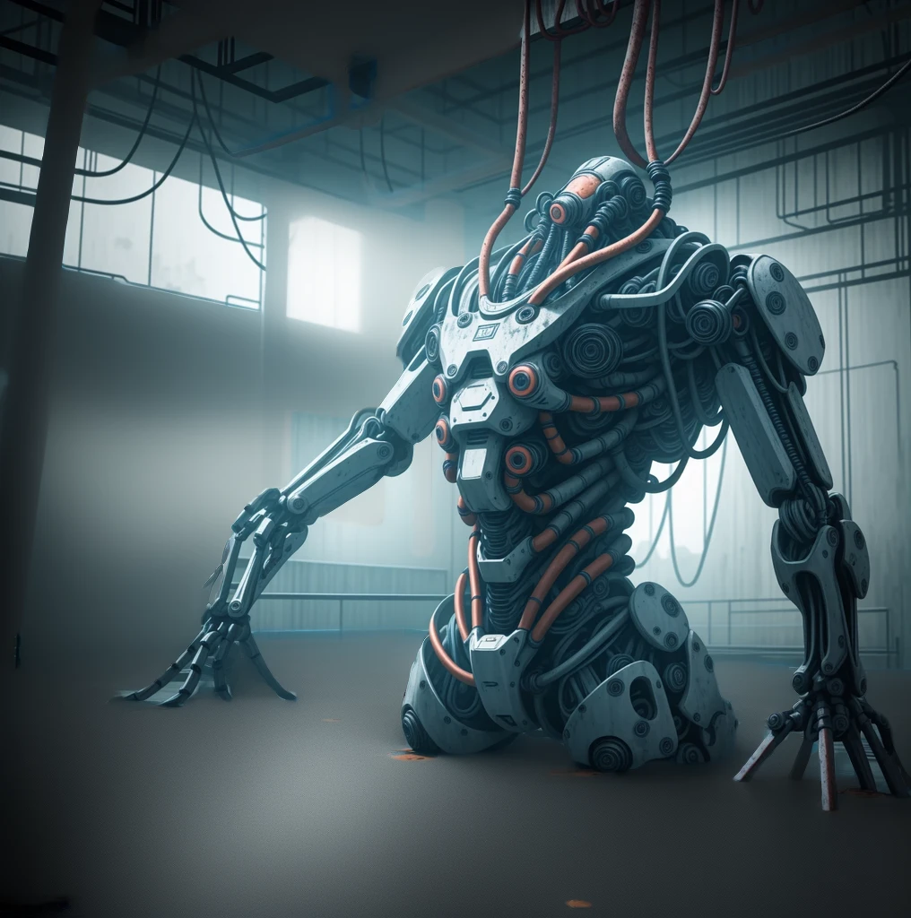I giant humanoid robot torso, only top half of body, torso attached to a platform on the floor, long mechanical arms, slender robot fingers, rusting, disheveled, wires falling off, robot is falling apart, in the center of a giant chamber, placed above a pool of glowing blue liquid, menacing, intimidating, wires hanging from the robot, body is heavily damaged, covered in rust and dust, attached to a large platform on the floor