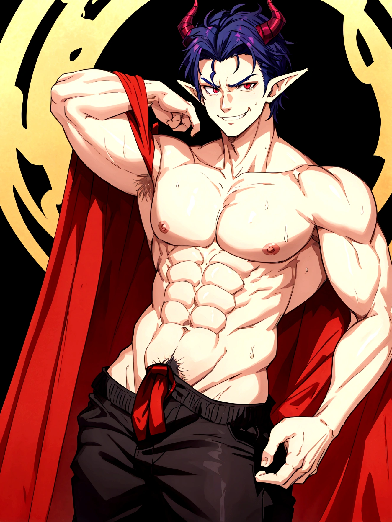 sexy demon boy with horns and pointy ears flexing his sweaty body, shirtless, smirking, hairy armpits, big bulge in pants