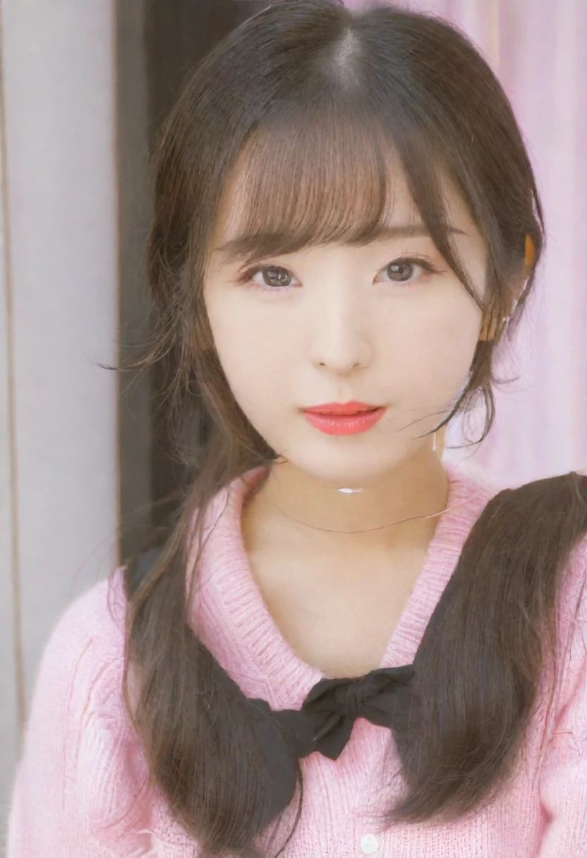 Close-up of a woman wearing a pink sweater and red lipstick, Yoshitomo Nara, Young and pretty Asian face, Girl cute beautiful face, Chiho, Chen Xintong, Beautiful Japanese girl face, Ulzzang, sakimi chan, Soft Makeup, sakimichan, 1 8 is