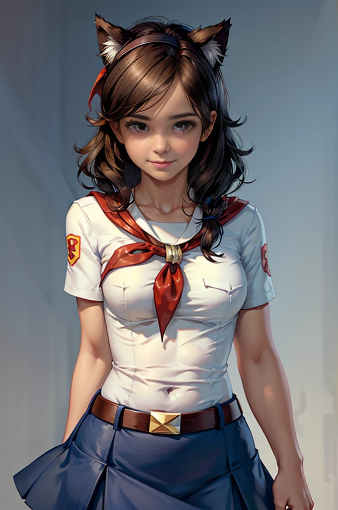 very young slim fit girl, at full height, rounded face, very long disheveled dark brown hair, big brown eyes, shy smile, perfect flat breast, band on head with fake cat ears, parororo, pioneer neckerchief, blue thight microskirt, bangs, shirt, collarbone, white shirt, short sleeves, collared shirt, belt, neckerchief, eyelashes, red neckerchief, breast pocket, monroe