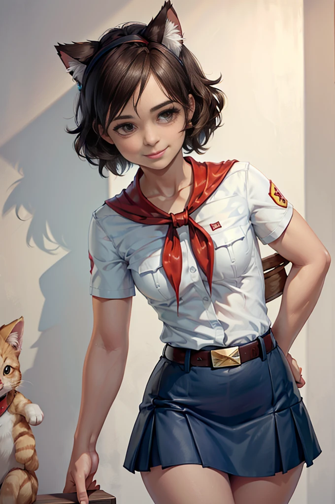 very young slim fit girl, at full height, rounded face, very long disheveled dark brown hair, big brown eyes, shy smile, perfect flat breast, band on head with fake cat ears, parororo, pioneer neckerchief, blue thight microskirt, bangs, shirt, collarbone, white shirt, short sleeves, collared shirt, belt, neckerchief, eyelashes, red neckerchief, breast pocket, monroe