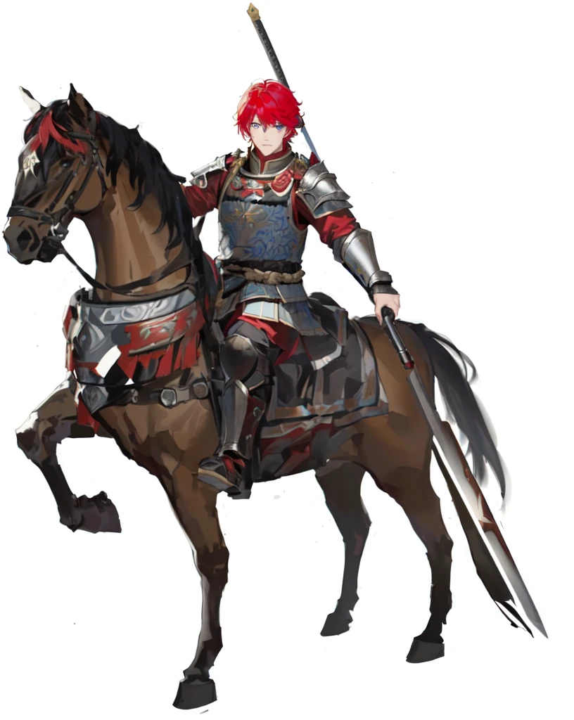 There was a red-haired man riding a horse, Red ogre riding a horse, 重cavalry, Horse Warrior, With scaly armor,  wearing shining plate armor, Black and red armor,  Three Kingdoms主题盔甲,Three Kingdoms，Three Kingdoms志，Three Kingdoms演义，Zhao Yun，Ma Chao，Chinese Armor，Han Dynasty armor，cavalry，Holding a medium-length gun，Blue Eyes，Young General，Chinese style，antiquity