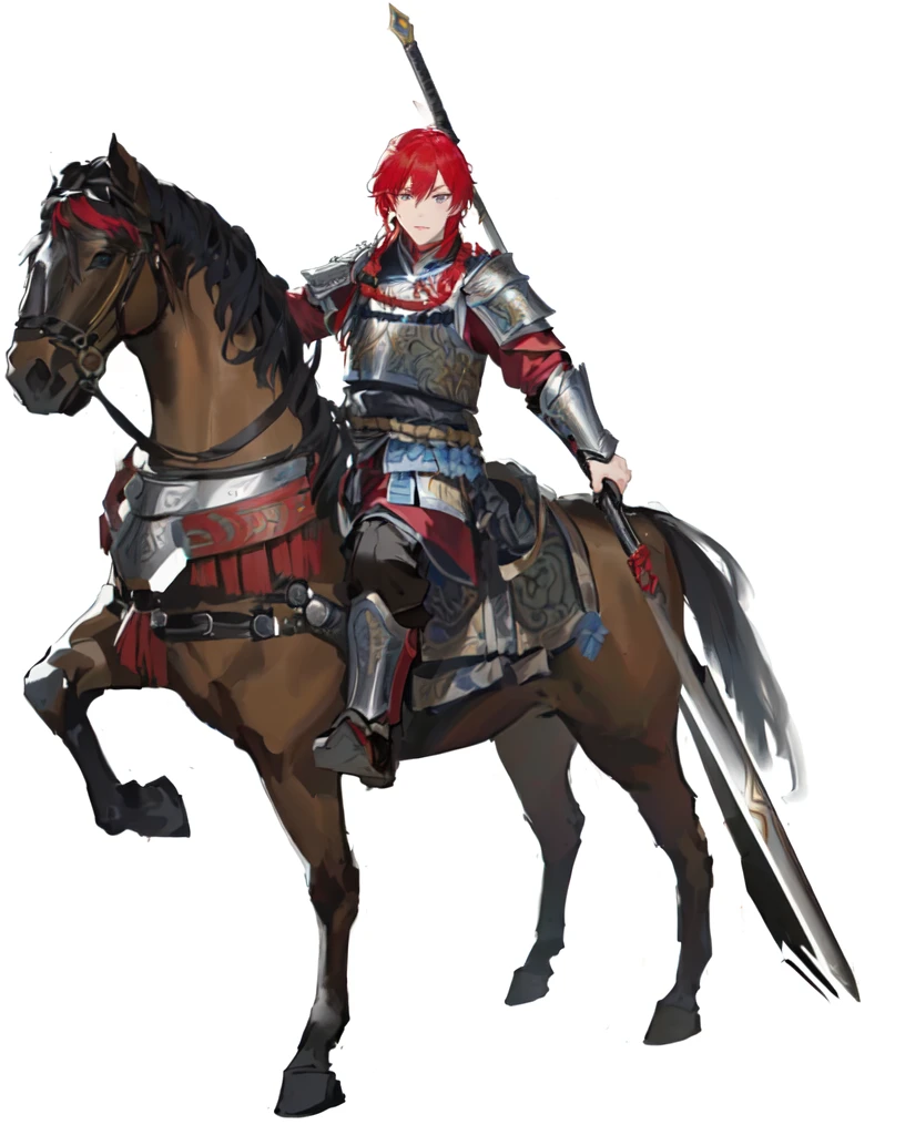 There was a red-haired man riding a horse, Red ogre riding a horse, 重cavalry, Horse Warrior, With scaly armor,  wearing shining plate armor, Black and red armor,  Three Kingdoms主题盔甲,Three Kingdoms，Three Kingdoms志，Three Kingdoms演义，Zhao Yun，Ma Chao，Chinese Armor，Han Dynasty armor，cavalry，Holding a medium-length gun，Blue Eyes，Young General，Chinese style，antiquity