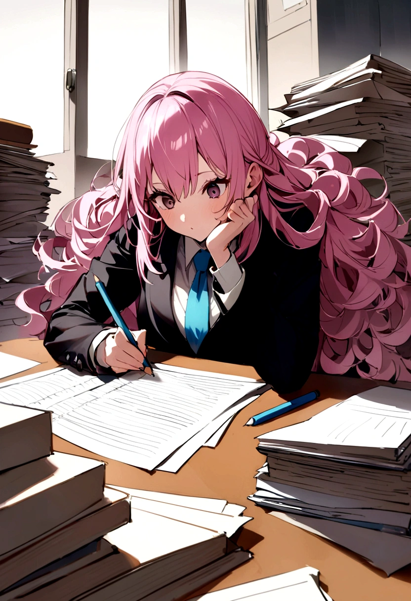 、Court、、Court、、Court、、Court、There's a lot of hair on the desk、Writing with a pencil、Court、Pink haired girl in a suit、Twin Drill、Pile of paper