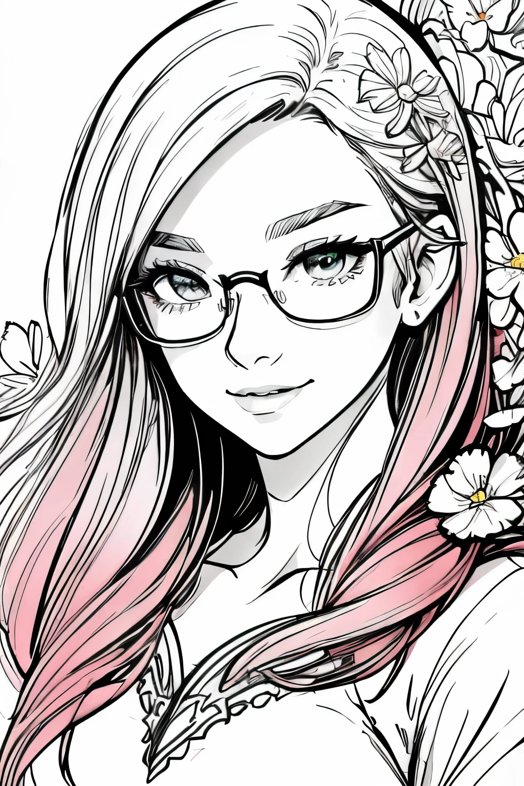 Coloring page for adults. White background, black lines Short, Red hair, green eyes, metal frame glasses, smile girl 15 years old in the water surrounded by flowers, In the style of Artgerm, Xiaofeiyue, shiny and brilliant, Fairy-tale world, dark white and pink, Emotional Gestures, intense close-ups. ((elegance. gradient. Photorealism. Unreal engine. split. 2D model. Ultra high quality textures. high detail. permission 8k))