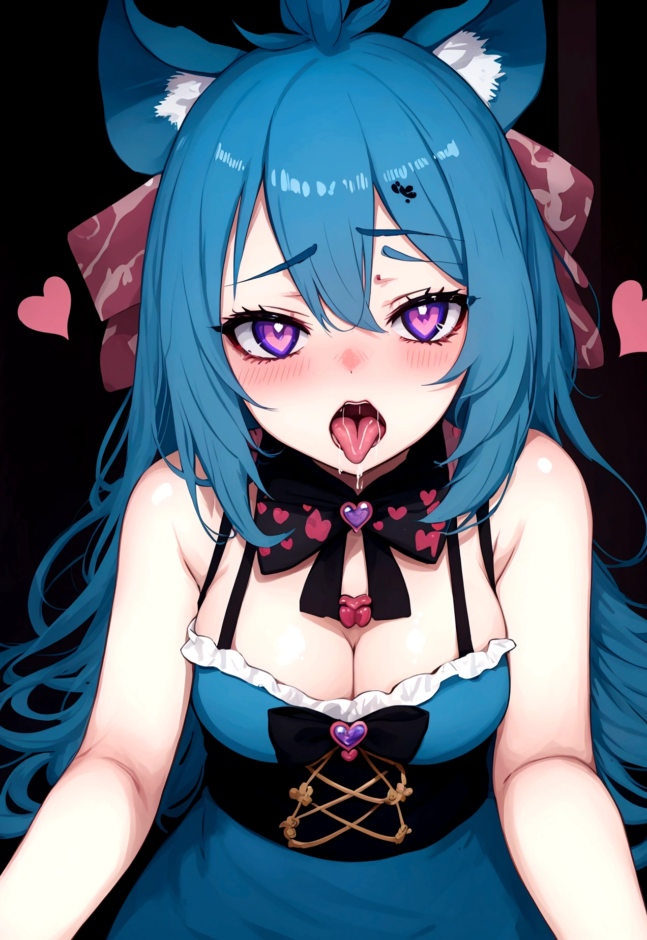 1girl, ahegao, rolling eyes, tongue out, drooling, full-face blush, heart in eye, blue hair, dinossauro, garota dinossauro, dinossauro chan