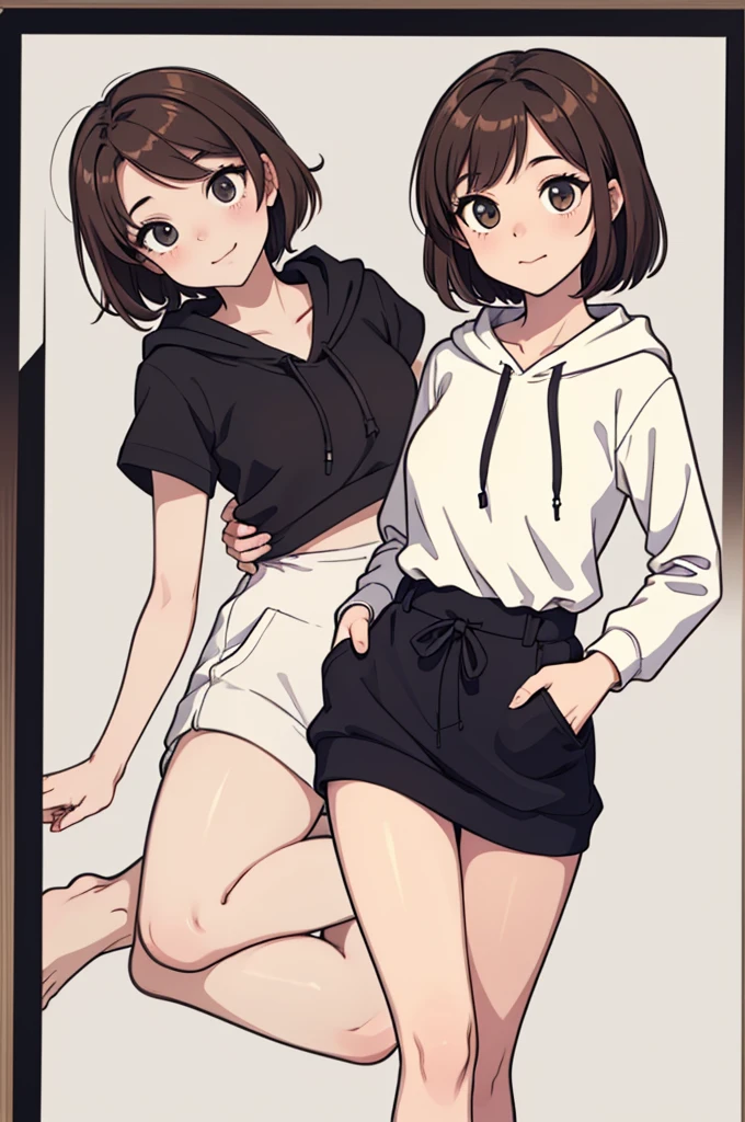 (((masterpiece, best quality, ultra highres, 1 girl, solo, no background))), super detailed skin and face and eyes and finger, beautiful japanese woman, small breasts:1.5, skinny, light brown hair, white background, very short pixie hair, Knee shot, Generate with illustrations, Various expressions, Various poses, Please draw the entire character within the frame, ensuring that the head, arms, and legs are not cut off. The background should be simple, with the character positioned centrally, outline, flat anime, 2d, laugh, boyish, big size hoodie, under wear,