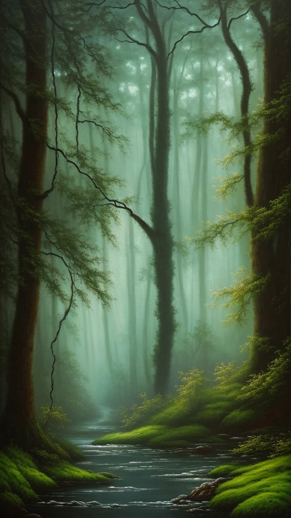 "In the painting we see a mysterious, dark forest, in the shadow of which there is a massive iron gate, partly covered with moss and ivy. Behind the gate you can see a delicate light, as if hidden deep inside the artist's soul. There are birds in the air that fly freely, unrestricted by any frames. In the background you can see the subtle outline of a heart, hidden between the branches, protected from all loss. The atmosphere of the painting is melancholic and at the same time full of hope, as if the painting was to symbolize the protection of the inner world from external pain.