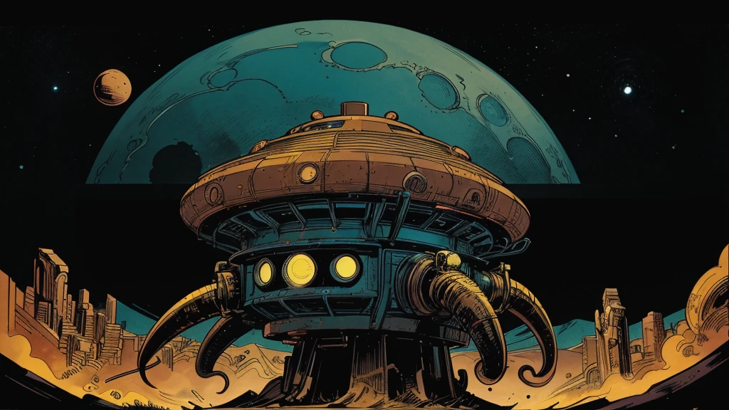 Use this prompt to create an image in the style of 1950s-70s comic book art. Use bold outlines, halftone patterns, and exaggerated perspective. Employ intense, saturated colors reminiscent of vintage four-color printing. Maintain a psychedelic, otherworldly atmosphere with swirling, colorful skies and strange celestial bodies. Emphasize the contrast between light and shadow to create a dramatic, pulp sci-fi feel. Create an image of: tentacled alien monsters.