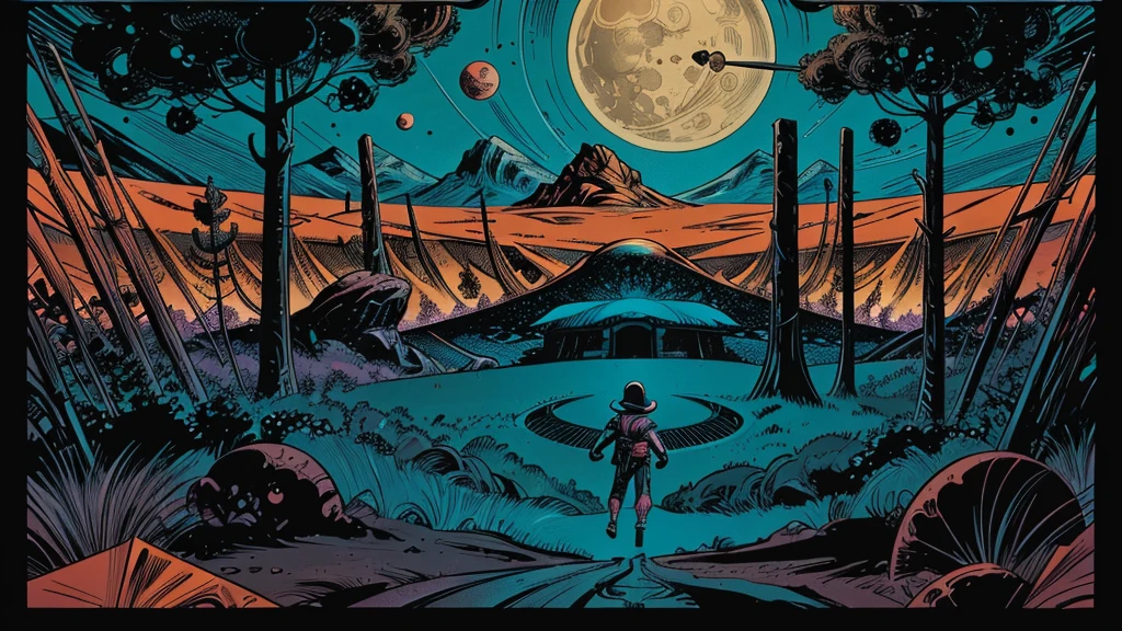 Use this prompt to create an image in the style of 1950s-70s comic book art. Use bold outlines, halftone patterns, and exaggerated perspective. Employ intense, saturated colors reminiscent of vintage four-color printing. Maintain a psychedelic, otherworldly atmosphere with swirling, colorful skies and strange celestial bodies. Emphasize the contrast between light and shadow to create a dramatic, pulp sci-fi feel. Create an image of: tentacled alien monsters.