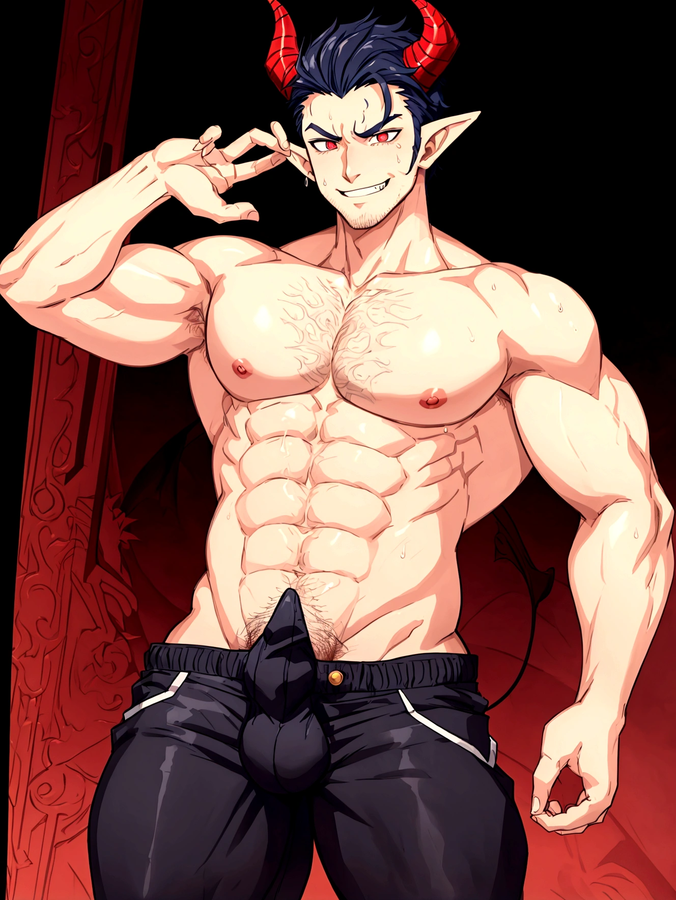 sexy demon boy with horns and pointy ears flexing his sweaty body, shirtless, smirking, hairy armpits, big bulge in pants