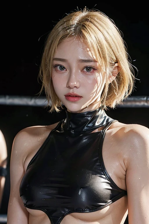 A blonde short-haired busty female wrestler is in the ring、smile、Sunburn、Wrestling Costumes、Black choker、Sweaty hair、Body wet with sweat、face painting、wwe、Diva、Asuka、Iyo Sky、Kairi Sane