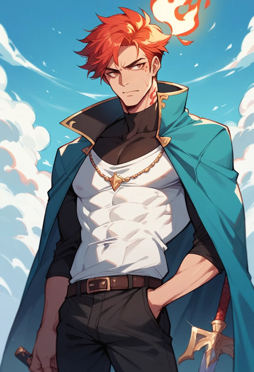 (Personnage manga )homme de 35( cheveux courts rouges) ensemble vêtements costume noir avec chapeau de couleur noire 