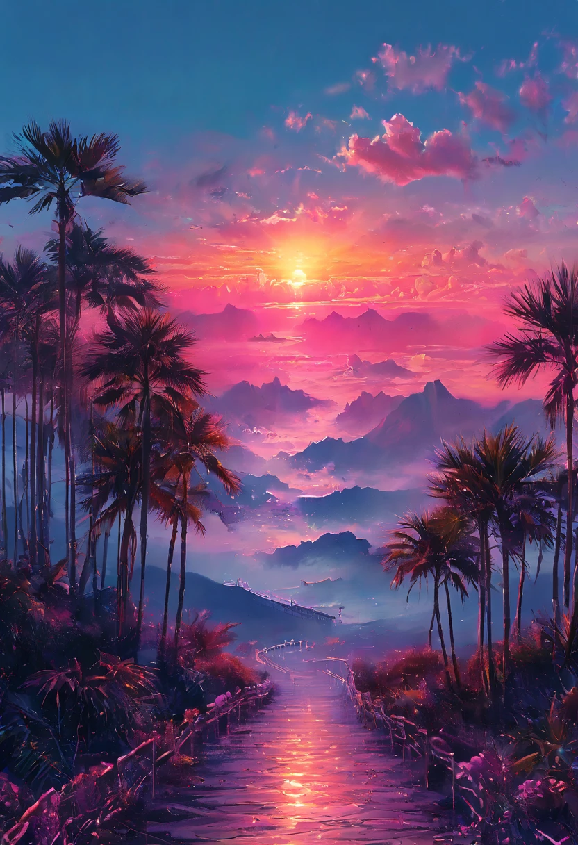 (masterpiece, 8K, UHD, high resolution: 1.4), (sunset with vibrant neon colors: 1.3), (silhouetted palm trees on the horizon: 1.2), (an infinite road stretching towards the horizon: 1.3), (three-dimensional grid in the background: 1.2), (Synthwave style: 1.3), (retro-futuristic elements: 1.2), (glowing neon pinks, purples, and blues: 1.2), (atmosphere of nostalgia and futurism: 1.3), (sunset casting long shadows: 1.1), (dynamic and immersive perspective: 1.3), (intricate and detailed: 1.3), (vaporwave aesthetics: 1.2)