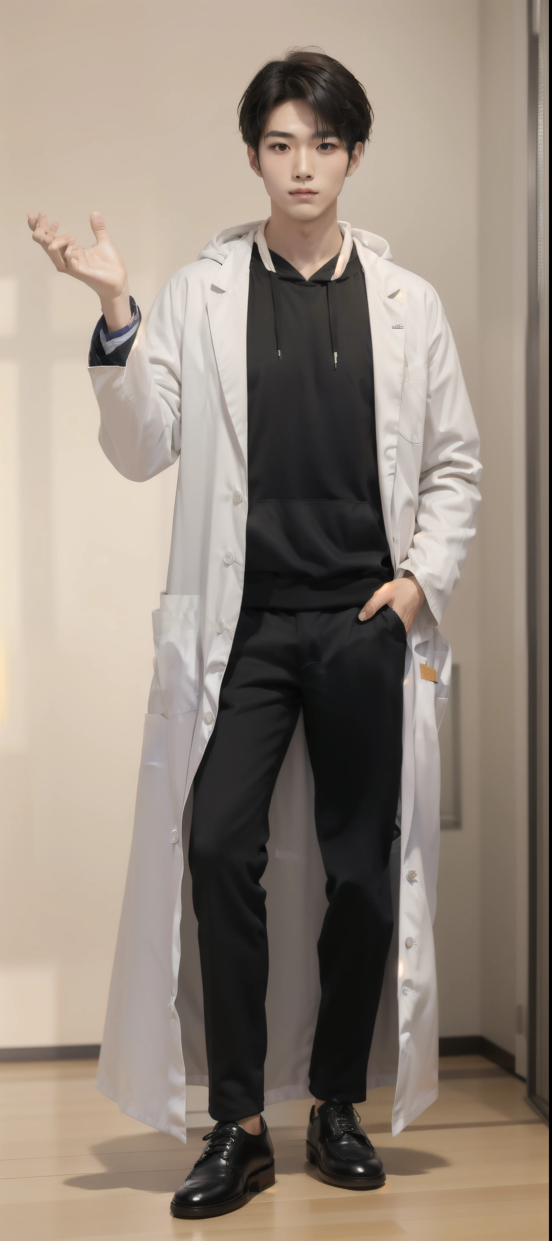 (Fair skin),((white lab coat)), (black hoodie underneath),Iris,(gender: Natural Face),(Japanese),(leather shoes),long body,handsome young asian man, Japanese idol style, short clean-cut hair, (center part), calm confident expression, hands in lab coat pockets, plain white background, portrait, high quality, detailed, 8K