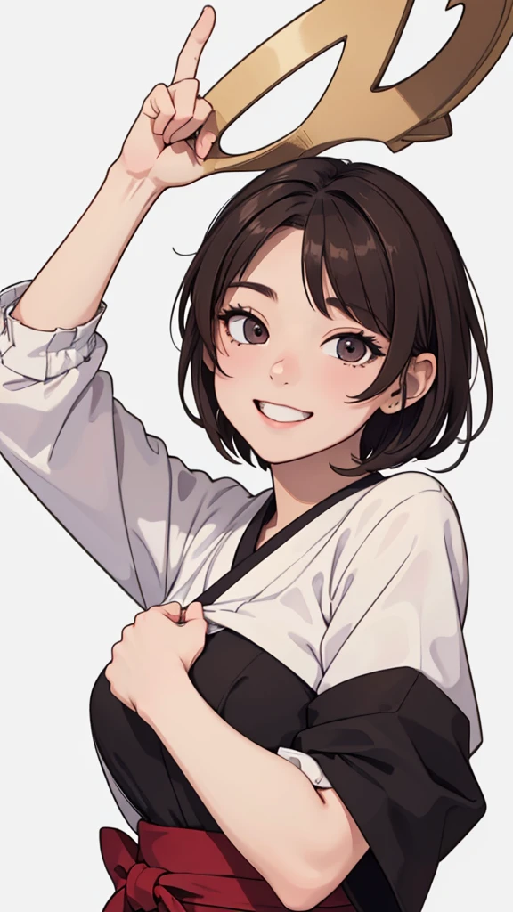 (((masterpiece, best quality, ultra highres, 1 girl, solo, no background))), super detailed skin and face and eyes and finger, beautiful japanese woman, small breasts:1.5, skinny, light brown hair, white background, very short pixie hair, Knee shot, Generate with illustrations, Various expressions, Various poses, Please draw the entire character within the frame, ensuring that the head, arms, and legs are not cut off. The background should be simple, with the character positioned centrally, outline, flat anime, 2d, laugh, boyish, camisole, shorts,