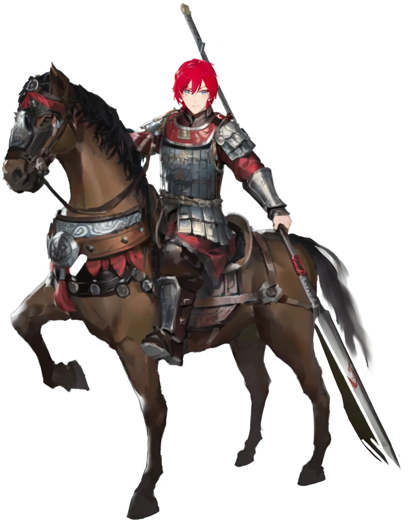 There was a red-haired man riding a horse, Red ogre riding a horse, 重cavalry, Horse Warrior, With scaly armor,  wearing shining plate armor, Black and red armor,  Three Kingdoms主题盔甲,Three Kingdoms，Three Kingdoms志，Three Kingdoms演义，Zhao Yun，Ma Chao，Chinese Armor，Han Dynasty armor，cavalry，Holding a medium-length gun，Blue Eyes，Young General，Chinese style，antiquity