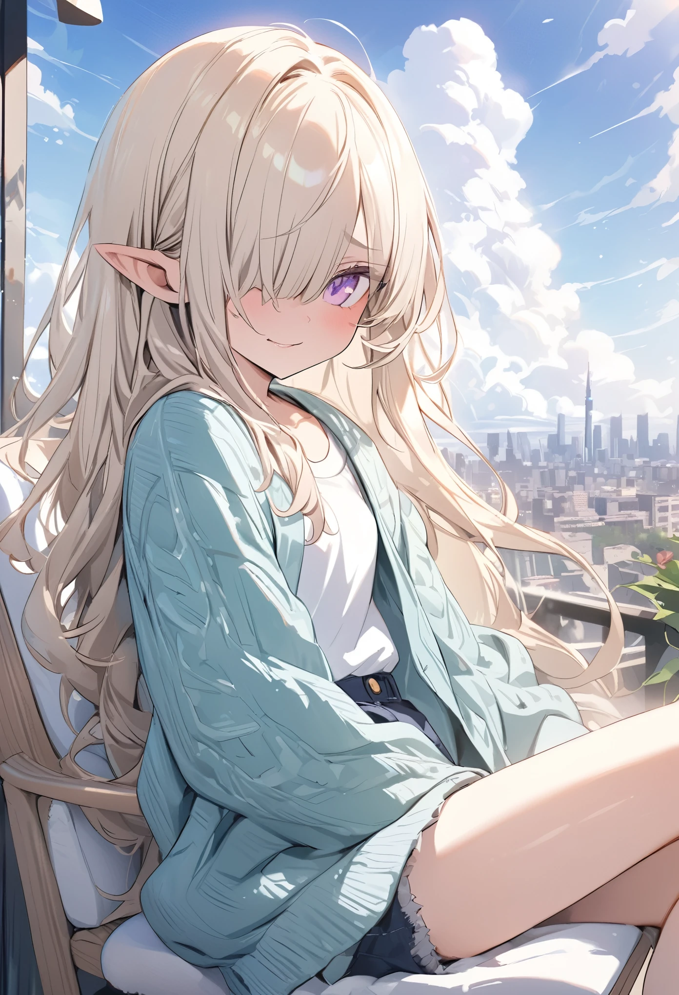 ((Masterpiece)), ((best quality)), ((kawaii)), ((extremely detailed)), 4K, (8K), (super detail:1.2), (High Definition:1.3), (Professional Photography:1.2), cinematic lighting, (sharp focus), (perfect light), ((1girl)),((12 years old)), (1girl), cute young girl, (smug), (Beautiful purple eyes:1.2), (dark skin), elf girl, wear a long cardigan, small breast, slender waist, (hair over eyes:1.3), very long bangs, Shiny unruly hair, long hair, ((beautiful blond hair)), shortpants, BREAK, ((best quality)), ((extremely detailed)), 🌈, sitting on a chair on the café terrace, (the Midsummer Cafe Terrace), Beautiful cityscape Background, Large Cumulonimbus Clouds, pastel colors clouds, kawaii, cute colors,