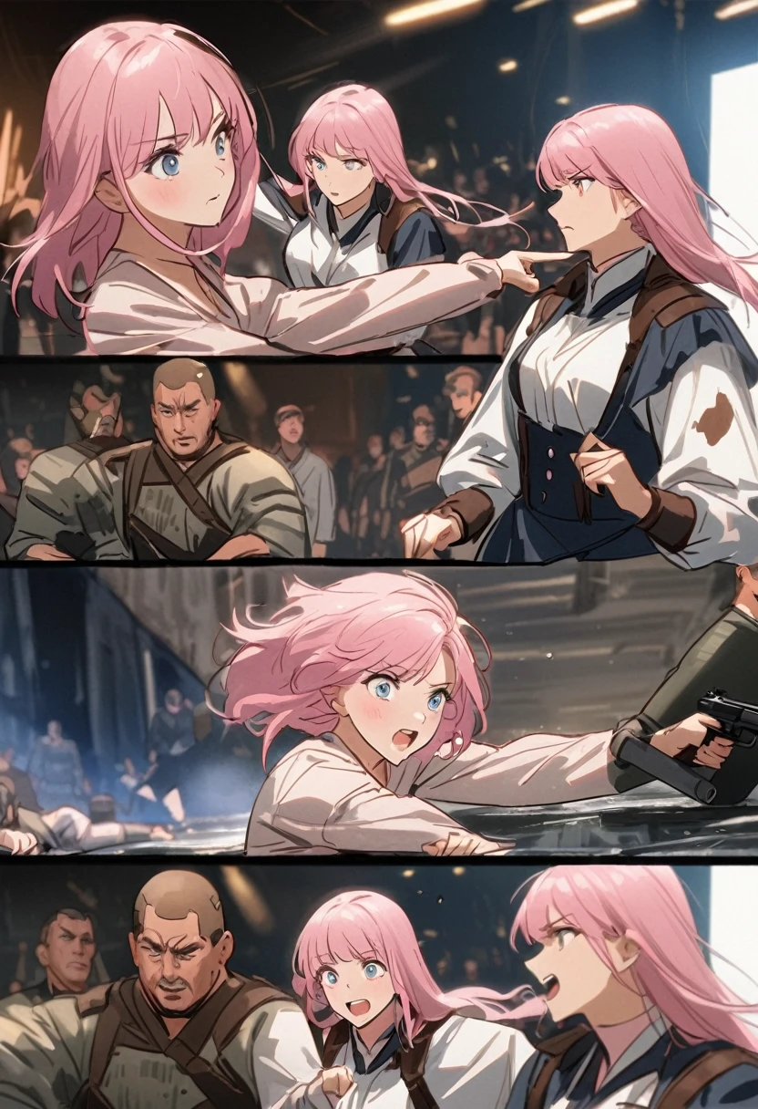 A scene from a movie、１Like a painting、battlefield、Tension、The soldier２people、Pointing guns at each other、Pink haired girl