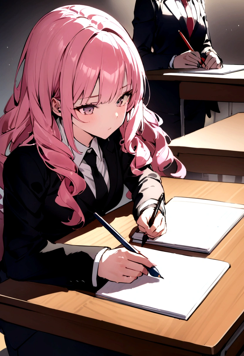 、Court、、Court、、Court、、Court、There's a lot of hair on the desk、Writing with a pencil、Court、Pink haired girl in a suit、Twin Drill