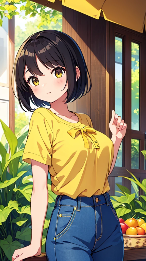 ((Best quality, Super high resolution, Masterpiece:1.3)), 1girl, leaning forward, Looking at viewer, Flat chest, (Short hair, Bobbed hair, Yellow eyes, ), (loose t-shirt, downblouse), Beautiful eyes, Smile, Blush, Nip slip, (Daytime, Outdoors, Park, Bloom), (Highly detailed skin, Detailed face, Detailed eyes)