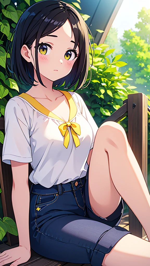 ((Highest quality)), ((masterpiece)), (detailed),
A beautiful girl with short black hair wearing a short-sleeved summer shirt and summer pants in the style of the Yellow Revolution、refreshing、fine、bright、smart、Vision、whole body、Fullsize、