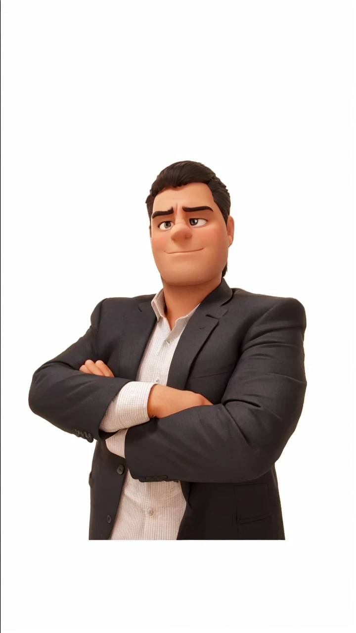 Create a friendly-looking human cartoon character, wearing a black dress shirt and black pants. Ele deve ter um estilo profissional, with a doubtful expression thinking about something with his hand below his chin. Adicione detalhes coloridos que representem a marca (if applicable). The character may wear glasses and be holding a graph with an up arrow pointing the finger