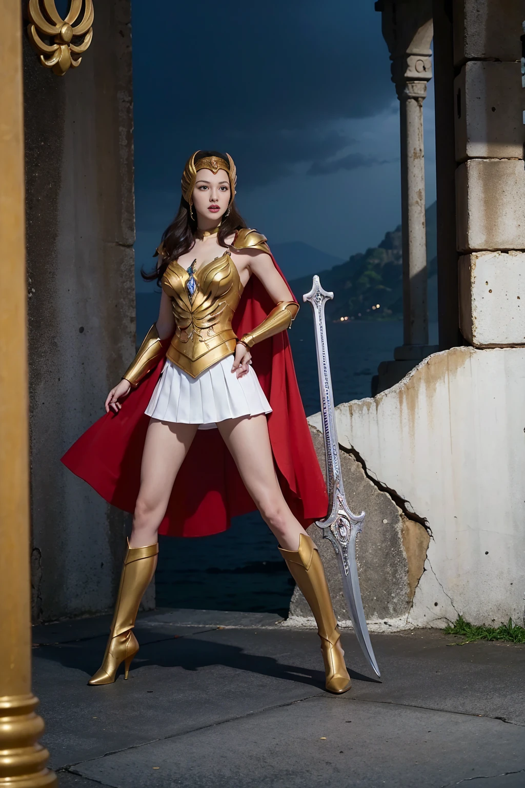 ((Full body photo, standing, feet on the ground)) 2 girl, Gal Gadot, ultra-realism, ultra-resolution, HDR, Photographic realism, Heroine pose, holding a sword, woman, medium breasts, straight hair and large, with golden Scorpion armor with white and red details, Knight of the Zodiac, golden Athenian helmet, black cape, in Greece, fight, 8k, full body, slight smile, frontal shot.
