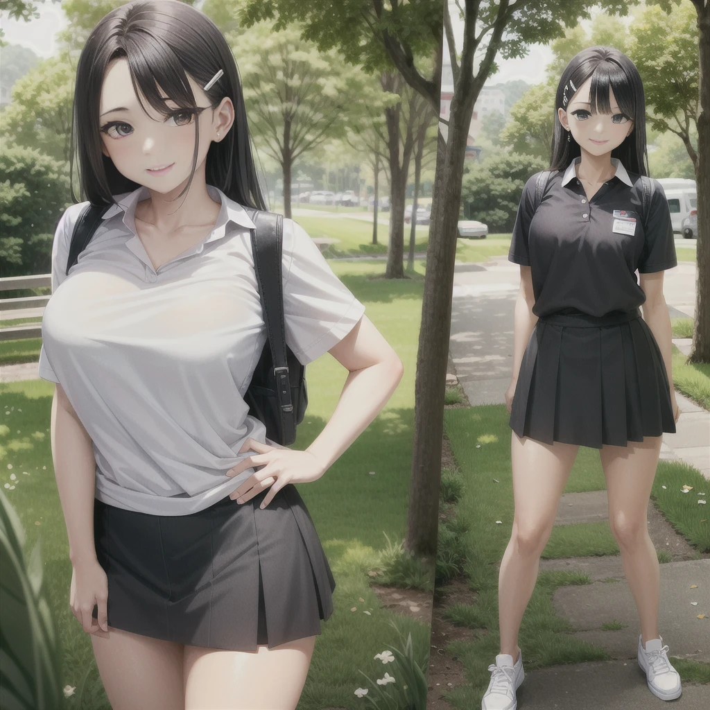 ((best quality)), ((masterpiece)), (details), one girl, sexy ((best quality)), ((masterpiece)), (details), one girl, sexy ((best quality)), ((masterpiece)), (details), one girl, full body, sexy expensive body, expensive, long legs, mature woman, mature, adult, it_nagatoro_main, Nagatoro Hayase, one girl, blushing, alone, uniform polo shirt, black hair, bag, brown eyes, hair accessory, looking at viewer, hair clip, outdoors, backpack, smiling, long hair, dark skinned woman, dark skin, , bangs, daytime, skirt, collared shirt, collarbone, ear clip, mouth closed, tree, asymmetrical bangs, upper body