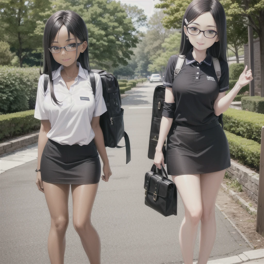 ((best quality)), ((masterpiece)), (details), one girl, sexy ((best quality)), ((masterpiece)), (details), one girl, sexy ((best quality)), ((masterpiece)), (details), one girl, full body, sexy expensive body, expensive, long legs, mature woman, mature, adult, it_nagatoro_main, Nagatoro Hayase, one girl, blushing, alone, uniform polo shirt, black hair, bag, brown eyes, hair accessory, looking at viewer, hair clip, outdoors, backpack, smiling, long hair, dark skinned woman, dark skin, , bangs, daytime, skirt, collared shirt, collarbone, ear clip, mouth closed, tree, asymmetrical bangs, upper body
