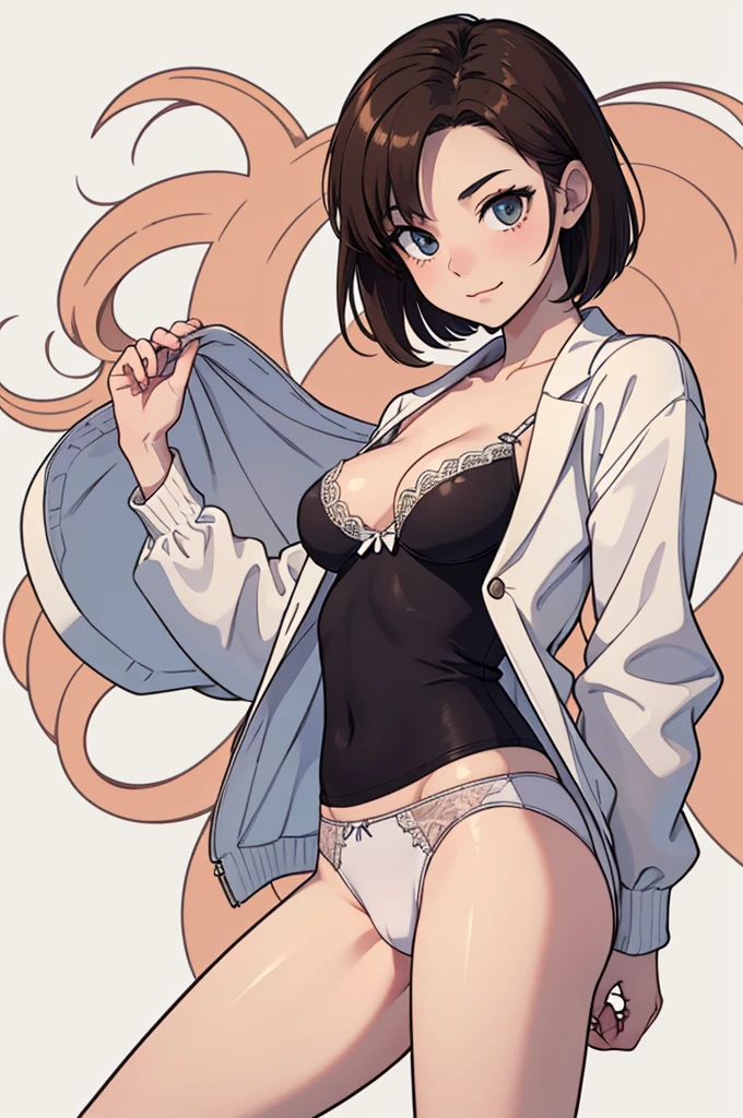 (((masterpiece, best quality, ultra highres, 1 girl, solo, no background))), super detailed skin and face and eyes and finger, beautiful japanese woman, small breasts:1.5, skinny, light brown hair, white background, very short pixie hair, Knee shot, Generate with illustrations, Various expressions, Various poses, Please draw the entire character within the frame, ensuring that the head, arms, and legs are not cut off. The background should be simple, with the character positioned centrally, outline, flat anime, 2d, laugh, boyish, underwear,