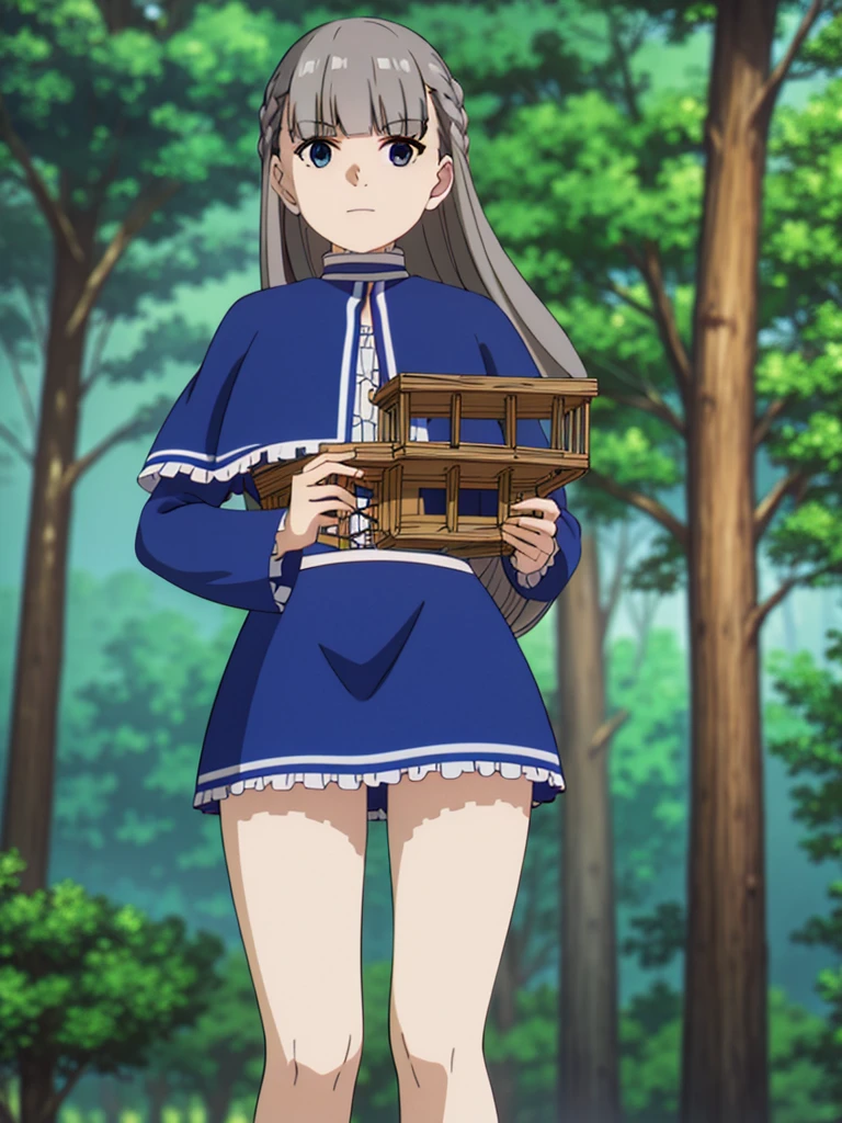 (8K, Highest quality, Highest quality, masterpiece), standing, 1girl, fullbody, solo, cowboy shot, (forest landscape), (summer sky), smile, Shorts, outdoors, leafs in the air

lawine, long hair, bangs, blue eyes, gray hair, braid, low-tied long hair, long sleeves, frills, capelet, blue capelet, shorts
