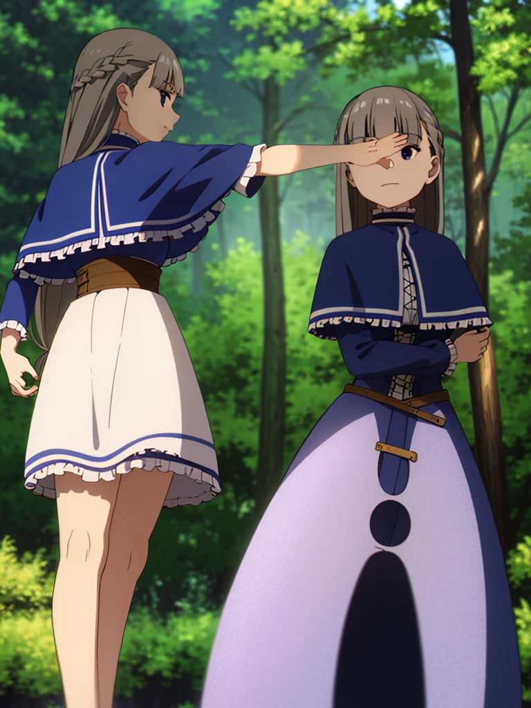 (8K, Highest quality, Highest quality, masterpiece), standing, 1girl, fullbody, solo, cowboy shot, (forest landscape), (summer sky), smile, Shorts, outdoors, leafs in the air
lawine, long hair, bangs, blue eyes, gray hair, braid, low-tied long hair, long sleeves, frills, capelet, blue capelet, shorts