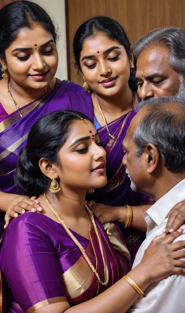a beautiful South Indian 25 year old plus sized teacher (wearing cream colour silk saree and bra) in a office, affectionately sucking the dick of a 60 year old man, full body image