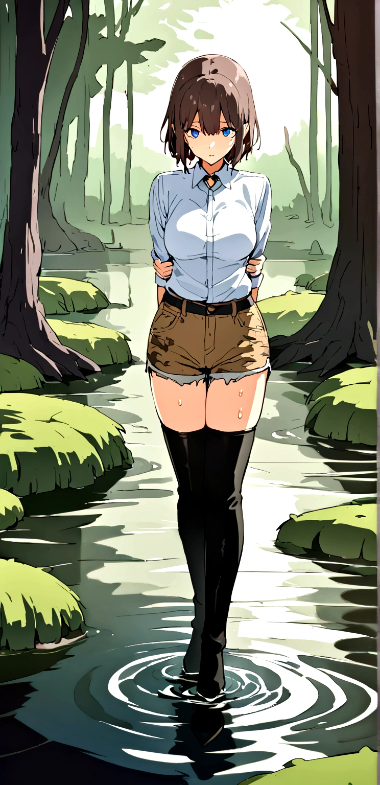 (Put your arms behind your back), (Swamp:1.3) ,Wet woodland,Jeans Shorts,Black thigh-high boots,Swampに溺れる,