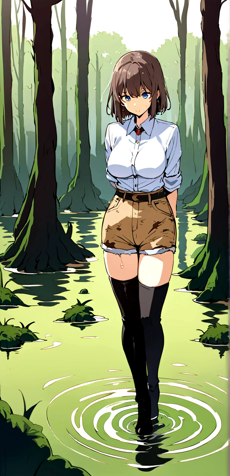 (((dark tan skin))) dark-skinned female, tanned Dark brown skin Strike Witches Kaneshiya Shitara Blue Slingshot forest magic hour erect nipples scared Peeing squatting pubic hair