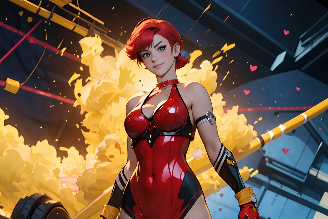 ((Masterpiece, top quality, high resolution)), ((highly detailed CG unified 8K wallpaper)), (huge stunning goddess shot, very hot and sexy, jaw-dropping beauty, perfect proportions, beautiful body, slim body beauty:1.1), 1 woman, anime girl, cutie honey, ((Red hair, short hair repelled to the outside, big eyes, Detailed face and eyes, staring at camera:1.3)), ((Blue and red tight suits, Detailed latex suit, glossy, blue tops, Red from belly to legs, Detailed, midrift top, cleavage cutout, cleavage, skin tight, halter neck, sleeveless, bare shoulders, bare back, covered navel, choker with heart symbol, yellow gloves, elbow gloves, yellow boots, long boots, armlet:1.5)), the cloth is exploding, hands on hips, feet spread apart, smile, Dynamic poses, exploding backgrounds,