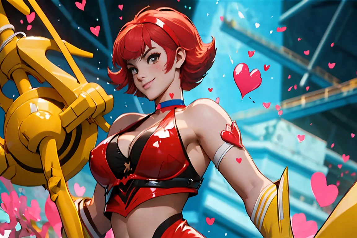 ((Masterpiece, top quality, high resolution)), ((highly detailed CG unified 8K wallpaper)), (huge stunning goddess shot, very hot and sexy, jaw-dropping beauty, perfect proportions, beautiful body, slim body beauty:1.1), 1 woman, anime girl, cutie honey, ((Red hair, short hair repelled to the outside, big eyes, Detailed face and eyes, staring at camera:1.3)), ((Blue and red tight suits, Detailed latex suit, glossy, blue tops, Red from belly to legs, Detailed, midrift top, cleavage cutout, cleavage, skin tight, halter neck, sleeveless, bare shoulders, bare back, covered navel, choker with heart symbol, yellow gloves, elbow gloves, yellow boots, long boots, armlet:1.5)), the cloth is exploding, hands on hips, feet spread apart, smile, Dynamic poses, exploding backgrounds,