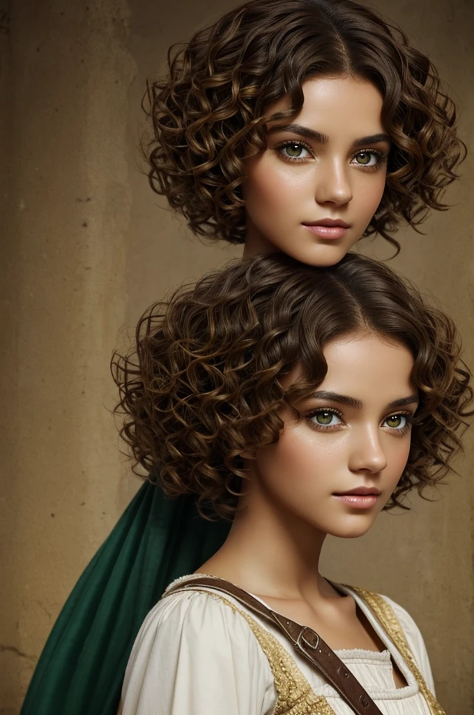 Create a girl with short hair, curly and brown with green tips, honey-colored eyes and slightly thin face, dark skinned with white spots. And with medieval clothing