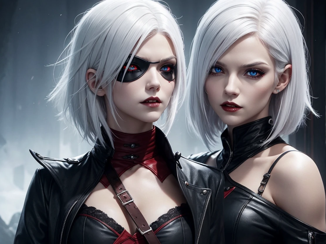 A young woman with white hair and red tips, a vampire, vampire canines, blue eyes, eye patch, short hair, female physique, Discord PfP, fantasy, vampire