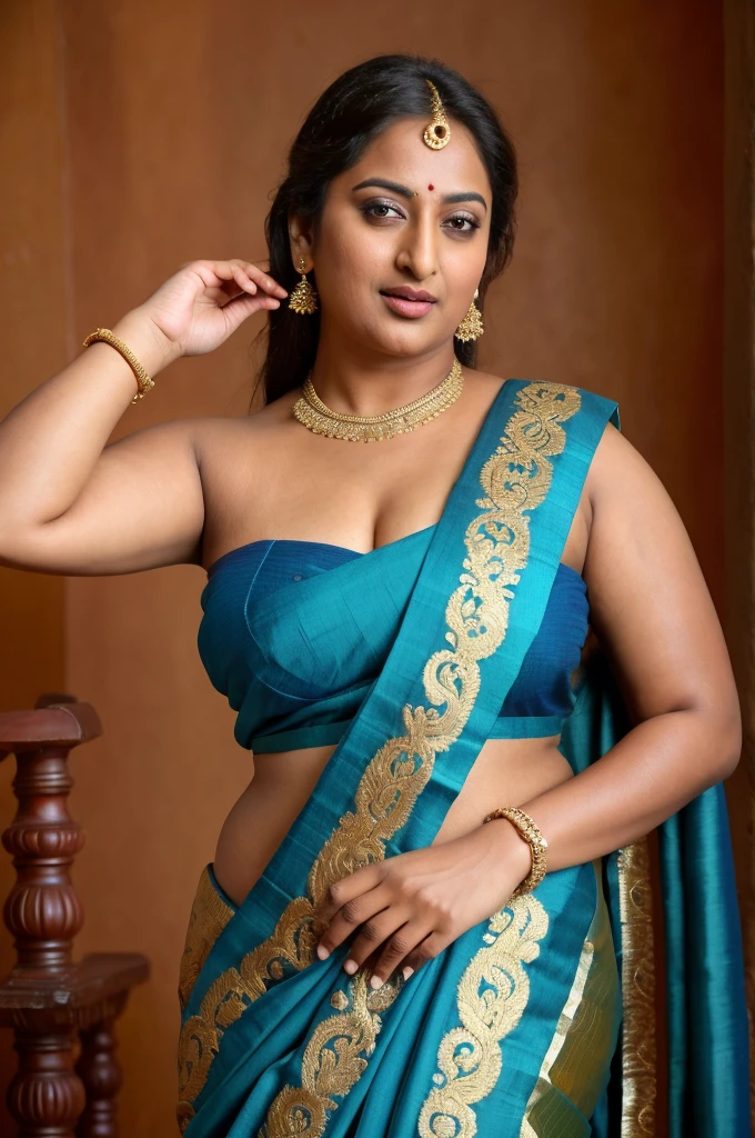 Foto RAW, photorealistic, photography, full body shot, 50 years old Woman, master shot, perfect eyes, goddess like beauty, pierced eyes, perfect thick chubby mallu Desi aunty bhabhi, Wearing a Stanapatta, a chest-band.Saree model, model Photography, Indian saree shoot, Indian traditional wear advertising photography, traditional wear brand shoot, face of Indian actress Sonakshi Sinha, masterpiece, realistic, realism, incredible details, pleasure, photorealism, detailed skin, skin pores, high contrast, photorealistic Artstation 8k HD digital art trend of high definition and detailed realistic skin texture, ultra detail, realistic skin texture, armature, best quality, ultra high definition, (photorealistic:1.4),, high resolution, detail, raw photo, sweat, Re sharp, by Lee Jefferies Nikon D850 Film Stock Photo 4 Kodak Portra 400 Camera F1.6 Lens Rich Color Ultra Real Realistic Realistic Textures Dramatic Lighting Unreal Engine Trending at Art Station Cinestill 800,(pele altamente detalhada: 1.2), 8k UHD, DSLR, soft-lighting, alta qualidade, grain of film, Fujifilm XT3,she didn't like to wear blouse or bra, she is happy to wear only saree, she hates blouse or bra, detailed hairy armpits, hyper realistic skin, skin pores, sweat, veins, short hairs on armpit, stubble armpits, hyper realistic hairy armpits, low waist saree,